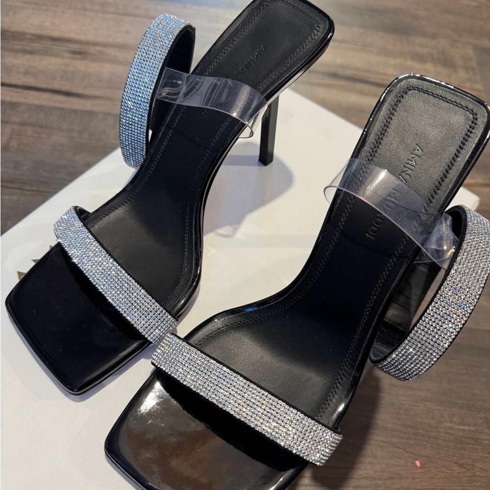 Amina Muaddi Black Heels with Silver Accents